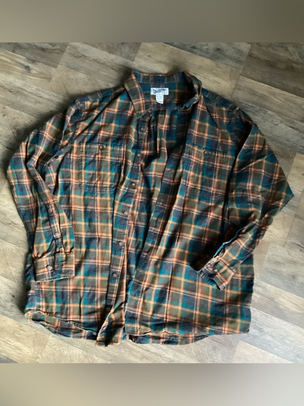 Duluth Trading Co Teal, Orange & Olive Plaid Flannel Shirt